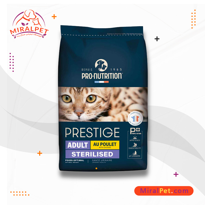 غذای خشک گربه عقیم شده پرونوتریشن با طعم مرغ Pro Nutrition Prestige Adult Sterilised With Chicken وزن 10 کیلوگرم